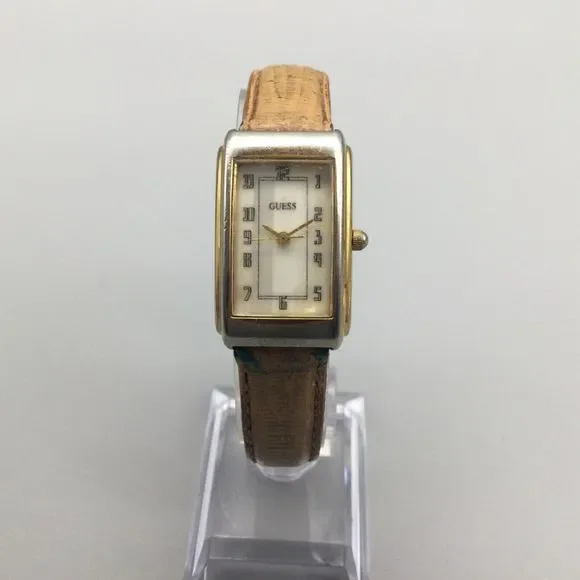 Vintage Guess Watch Women 20mm Gold Tone Tank 1993 Leather Band New Battery - Picture 2 of 13